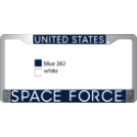 United States Space Force in White on Blue, Chrome License Plate Frame.