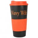 Navy Wife Neon Orange Imprint on Black/Neon Orange Bold Grip N Go Mug