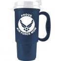 Proud Air Force Mom with Symbol on Metallic Blue Travel Mug with White Lid