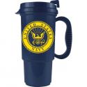 United States Navy Crest on met. Blue Travel Mug with blue Lid